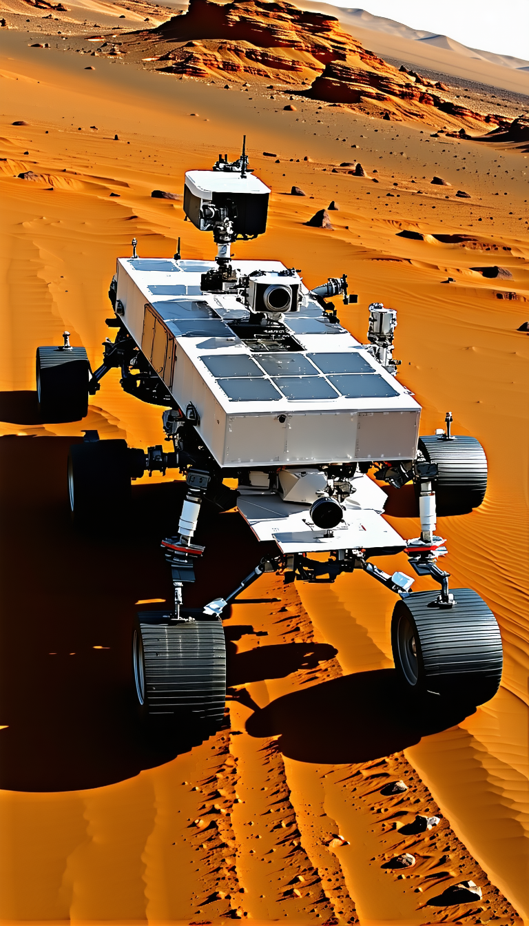 A Large White Robotic Vehicle With A Camera On Top, Driving Across A Sandy Terrain