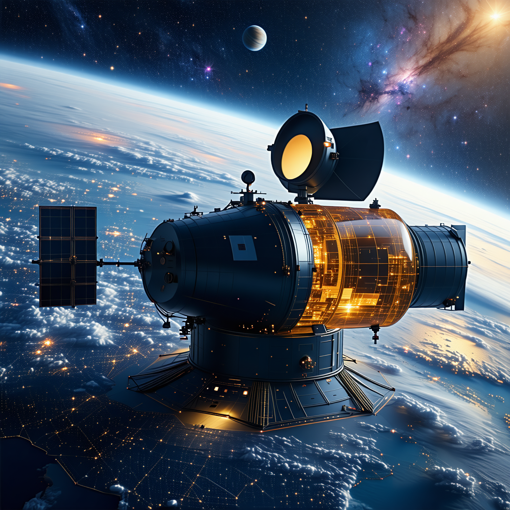 A Spacecraft, Possibly A Satellite Or A Space Shuttle, Floating In The Sky