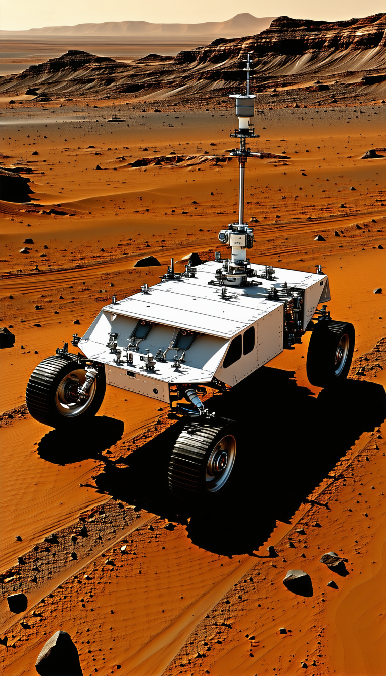 A White Robotic Vehicle, Possibly A Rover, Driving Across A Red Dirt Surface