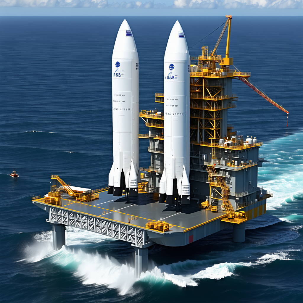 A Large White Space Shuttle Docked On A Floating Platform In The Ocean