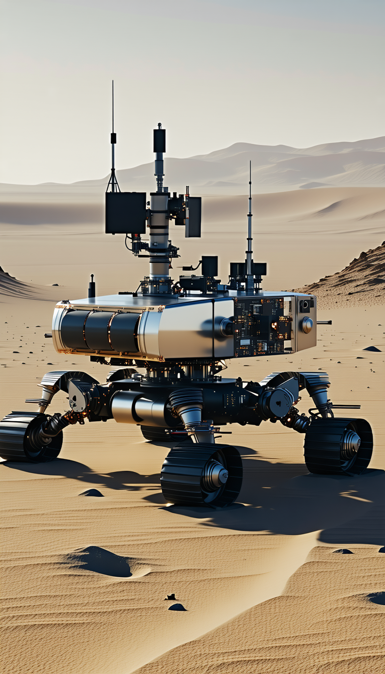 A Large Robotic Vehicle With Four Wheels, Standing In A Desert-like Environment