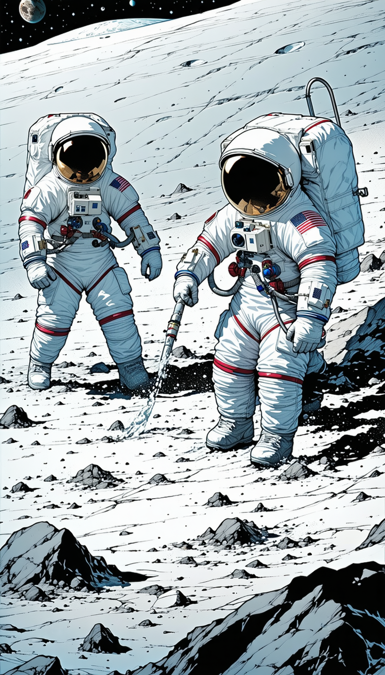 In The Image, There Are Three Astronauts Standing On A Rocky Surface, Possibly On The Moon
