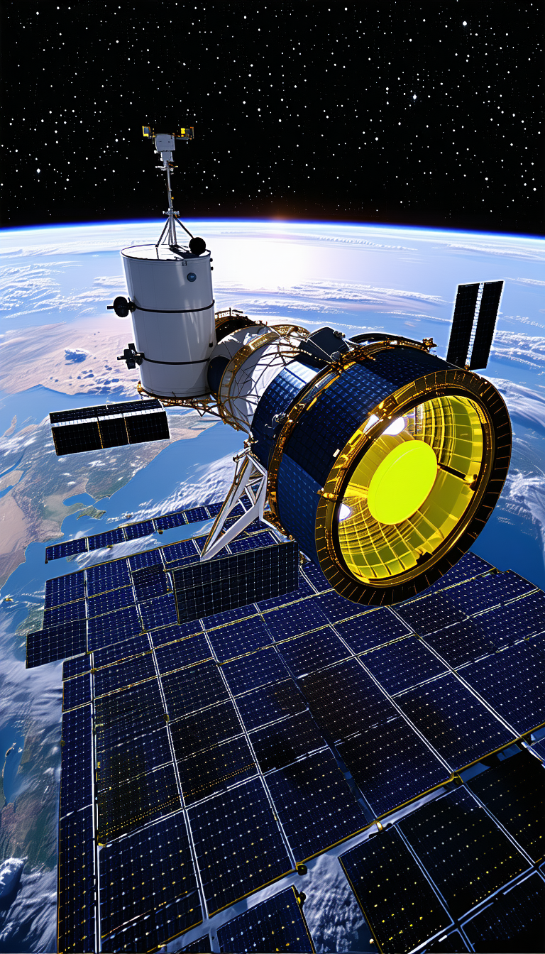 A Large Spacecraft Is Shown In A Close-up View, With A Yellow Light Shining From Its Center