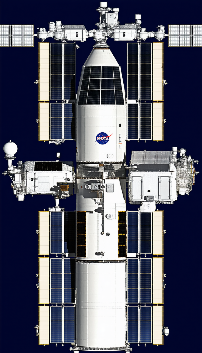 A Large Spacecraft Is Shown In A Blue Background, With A White And Black Color Scheme