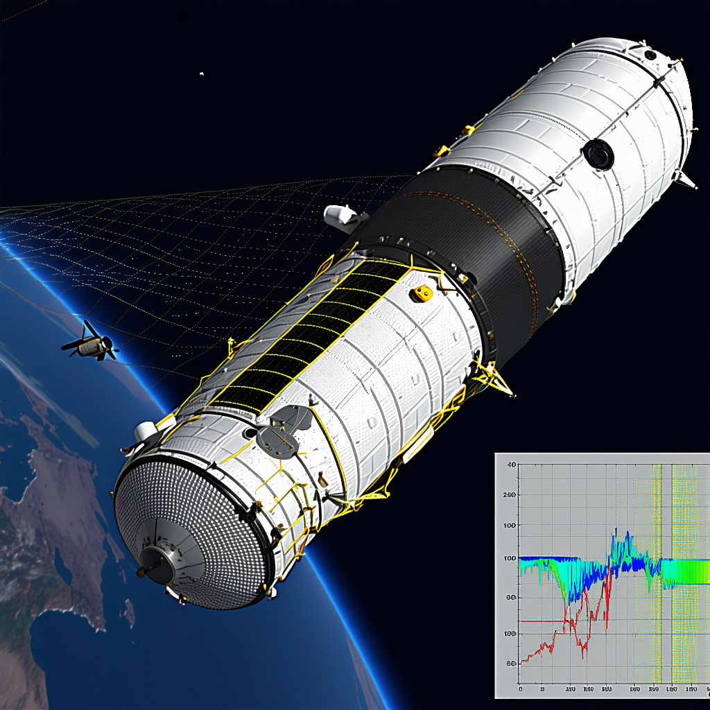 A Large White Spacecraft, Possibly A Satellite Or A Space Station, Floating In The Sky