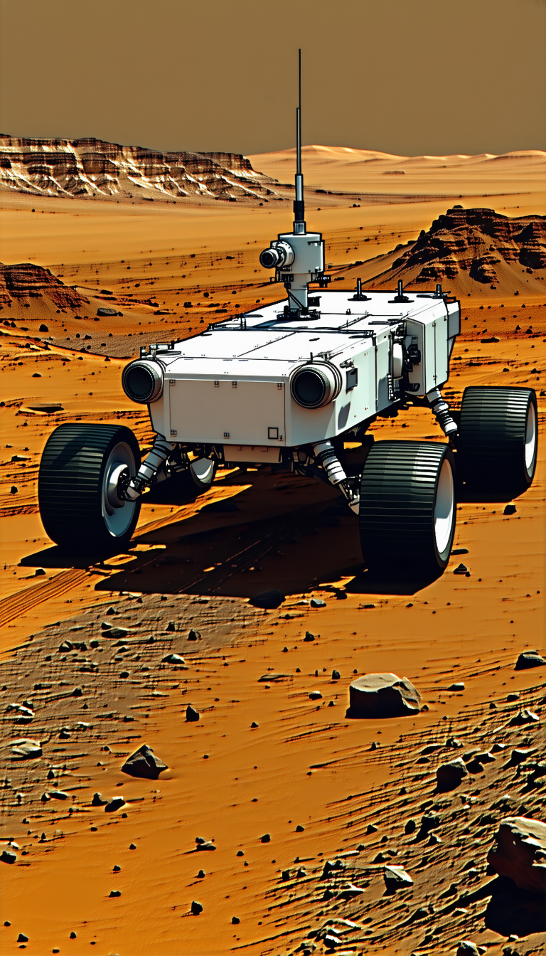 A White Robot Is Driving On A Dirt Road