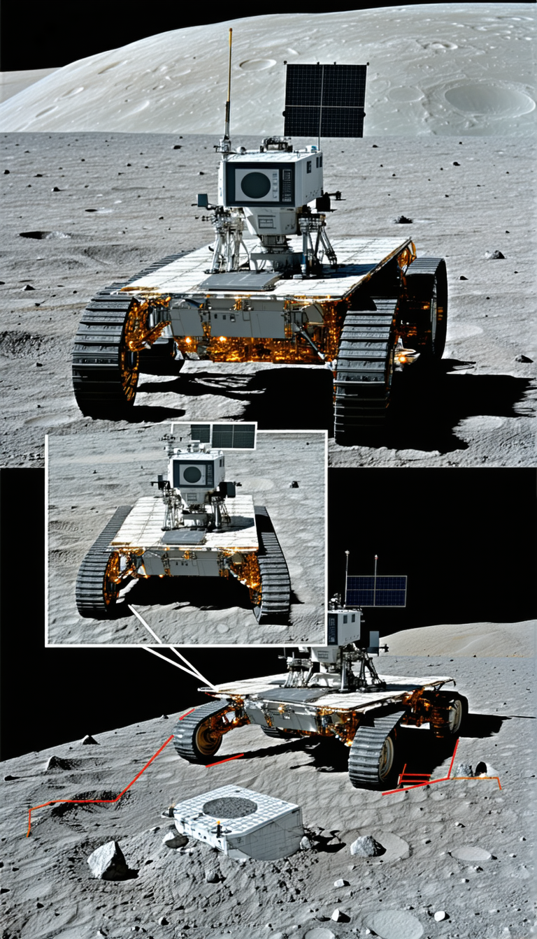 The Image Is A Collage Of Three Pictures Of A Robotic Vehicle On The Moon