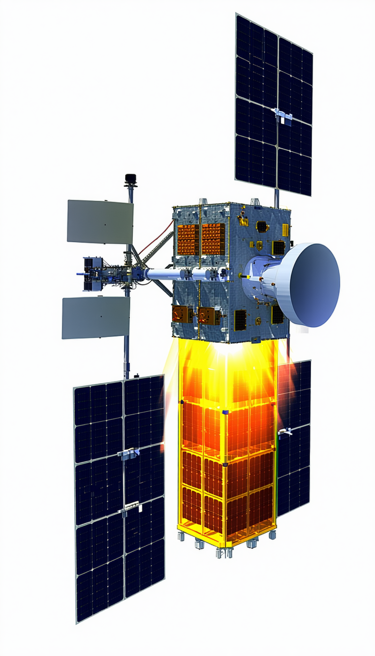 A Spacecraft Is Shown In A Close-up View, With Its Engine Glowing Brightly