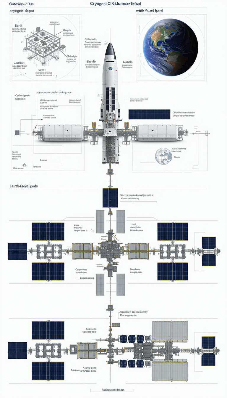 A Large Space Station Is Shown In A Diagram, With Various Parts Labeled