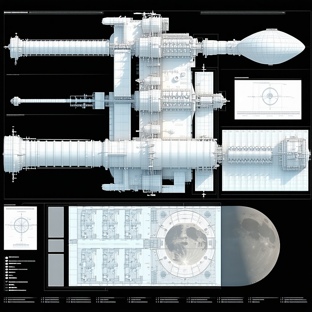A Large, Futuristic Space Station Is Depicted In A Series Of Diagrams And Illustrations