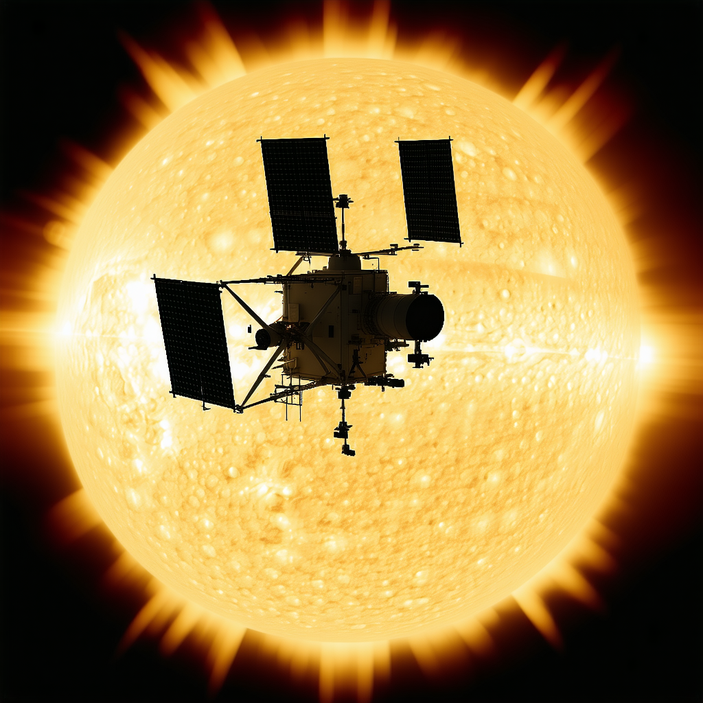 A Spacecraft With A Large Solar Panel On Its Side, Flying Through The Sky