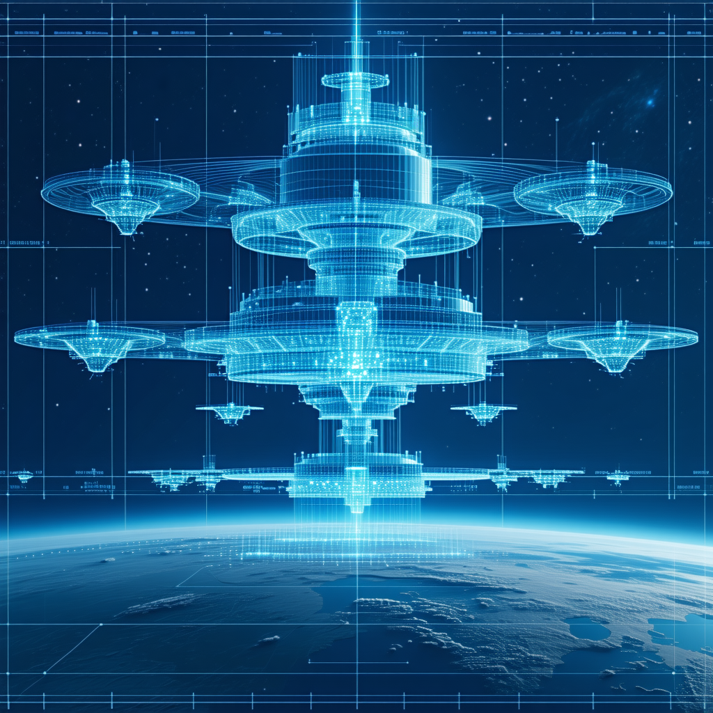 The Image Is A Futuristic, Blue-toned Drawing Of A Massive, Multi-level Space Station