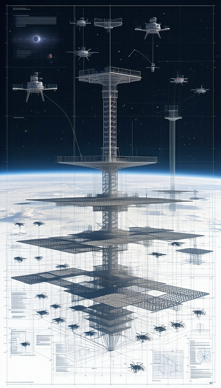 futuristic scene, there several spacecraft