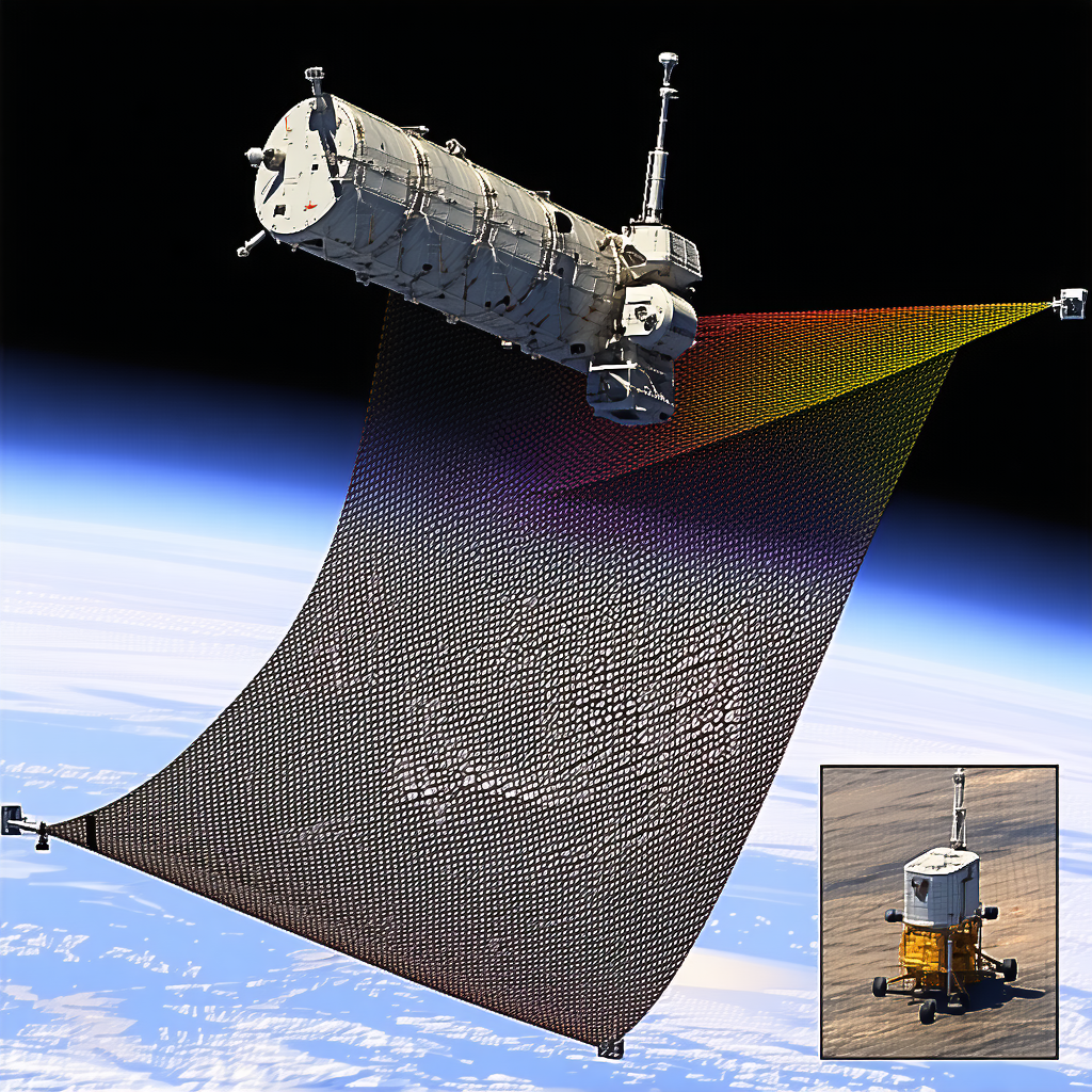 A Large Spacecraft Is Flying Through The Air, With A Large Umbrella-like Structure Attached To It