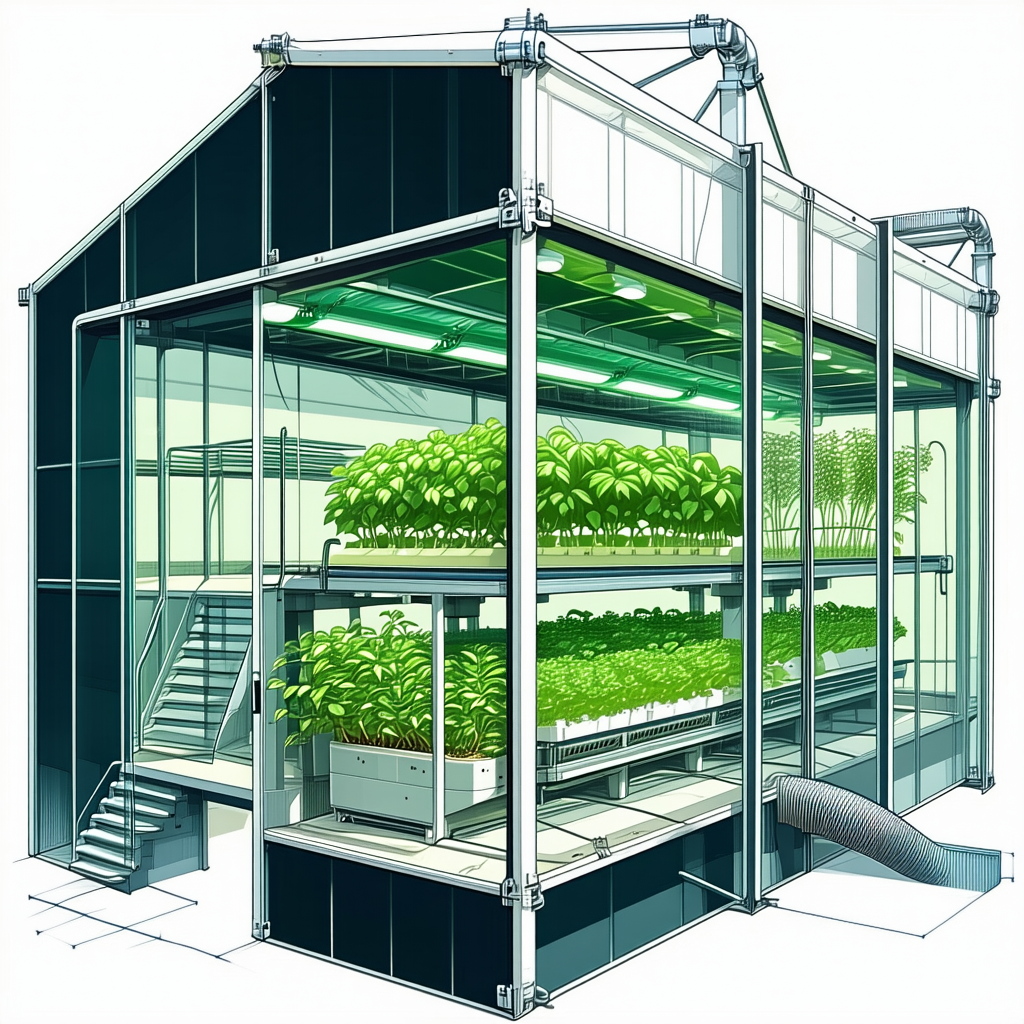 The Image Is A Blue And White Drawing Of A Greenhouse, Featuring A Large Number Of Plants