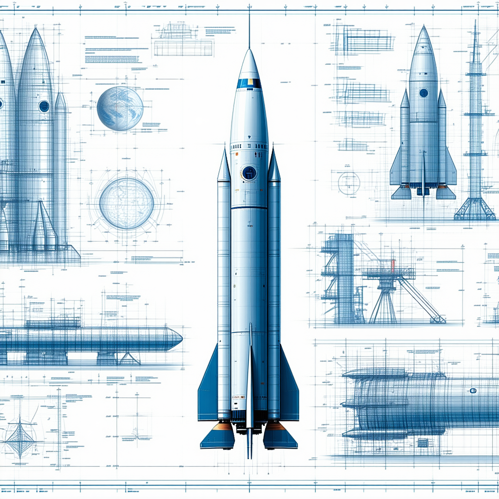 A Blue Rocket Ship Is Shown In A Series Of Blueprints, With Each Section Labeled