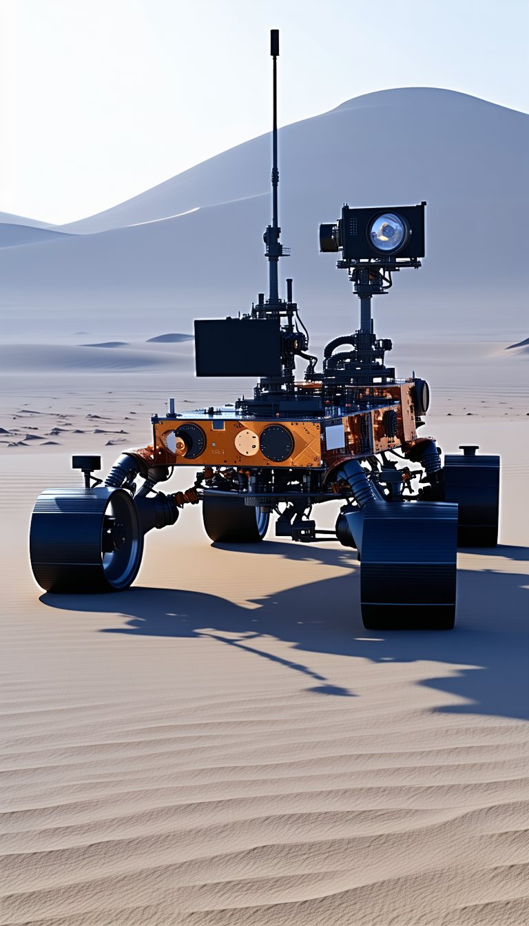 A Robotic Vehicle Is Sitting On A Sandy Surface, Possibly A Desert