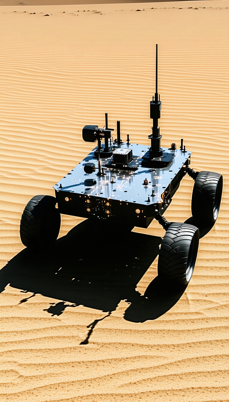 A Futuristic Robotic Vehicle With Four Wheels, Sitting In A Desert-like Environment