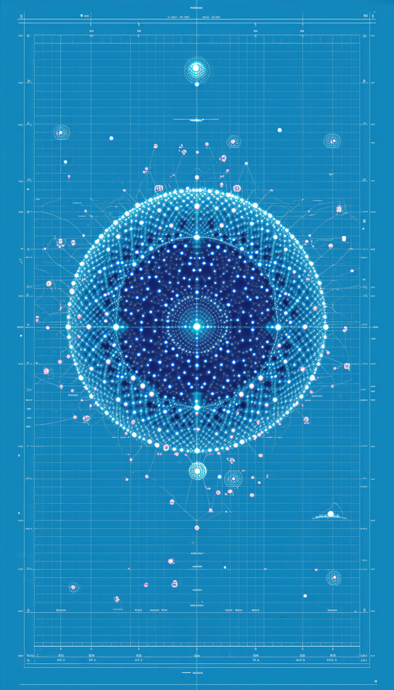 A Blue Circle Is The Center Of The Image, Surrounded By A Network Of Lines
