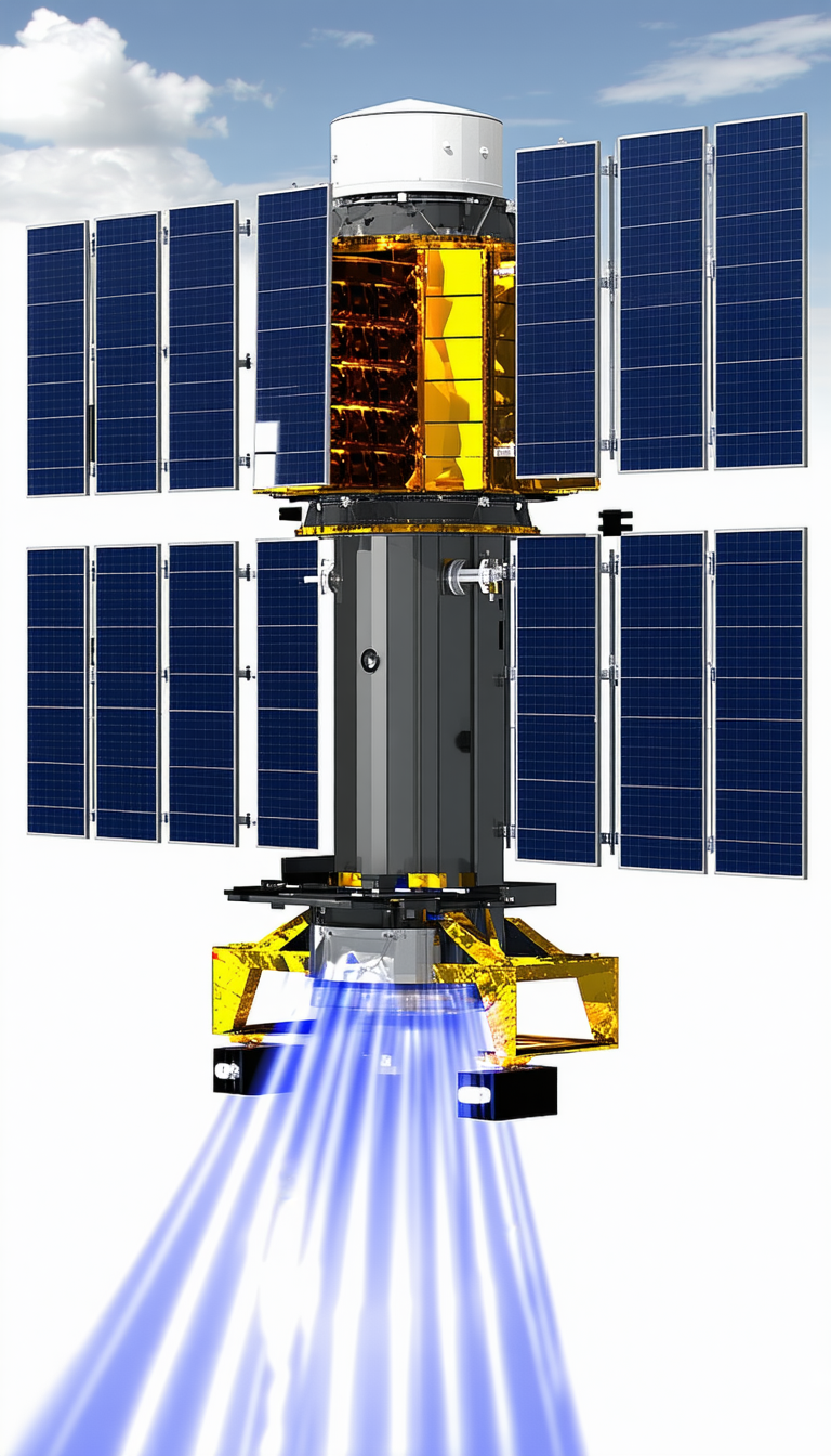 A Spacecraft Is Shown In A Close-up View, With Its Solar Panels And Other Components Clearly Visible