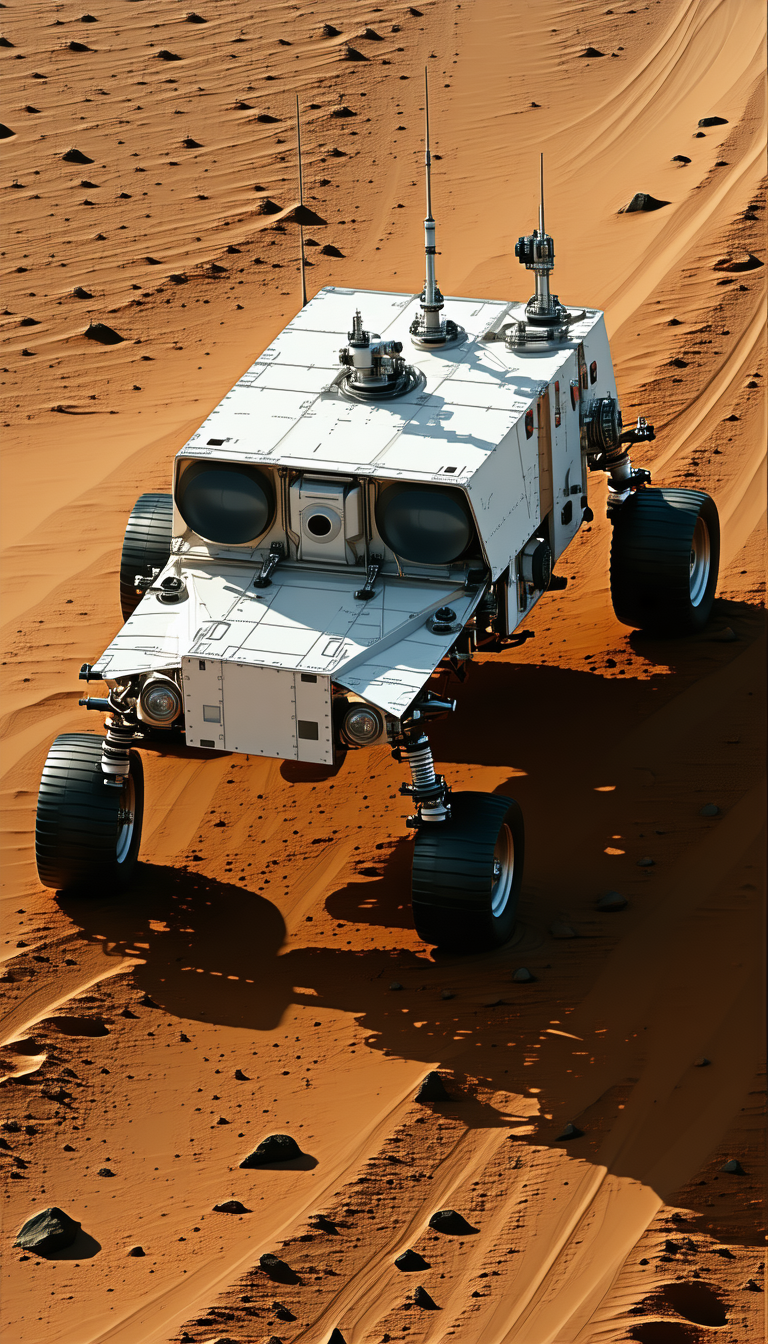 A White Robotic Vehicle Is Driving On A Red Dirt Road