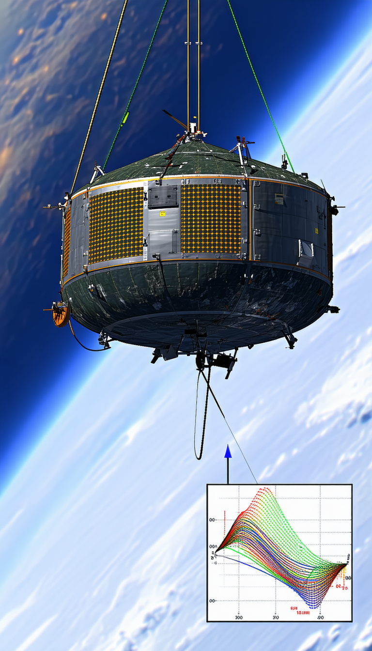 A Large Satellite Is Suspended In The Air, With A Blue Line Attached To It