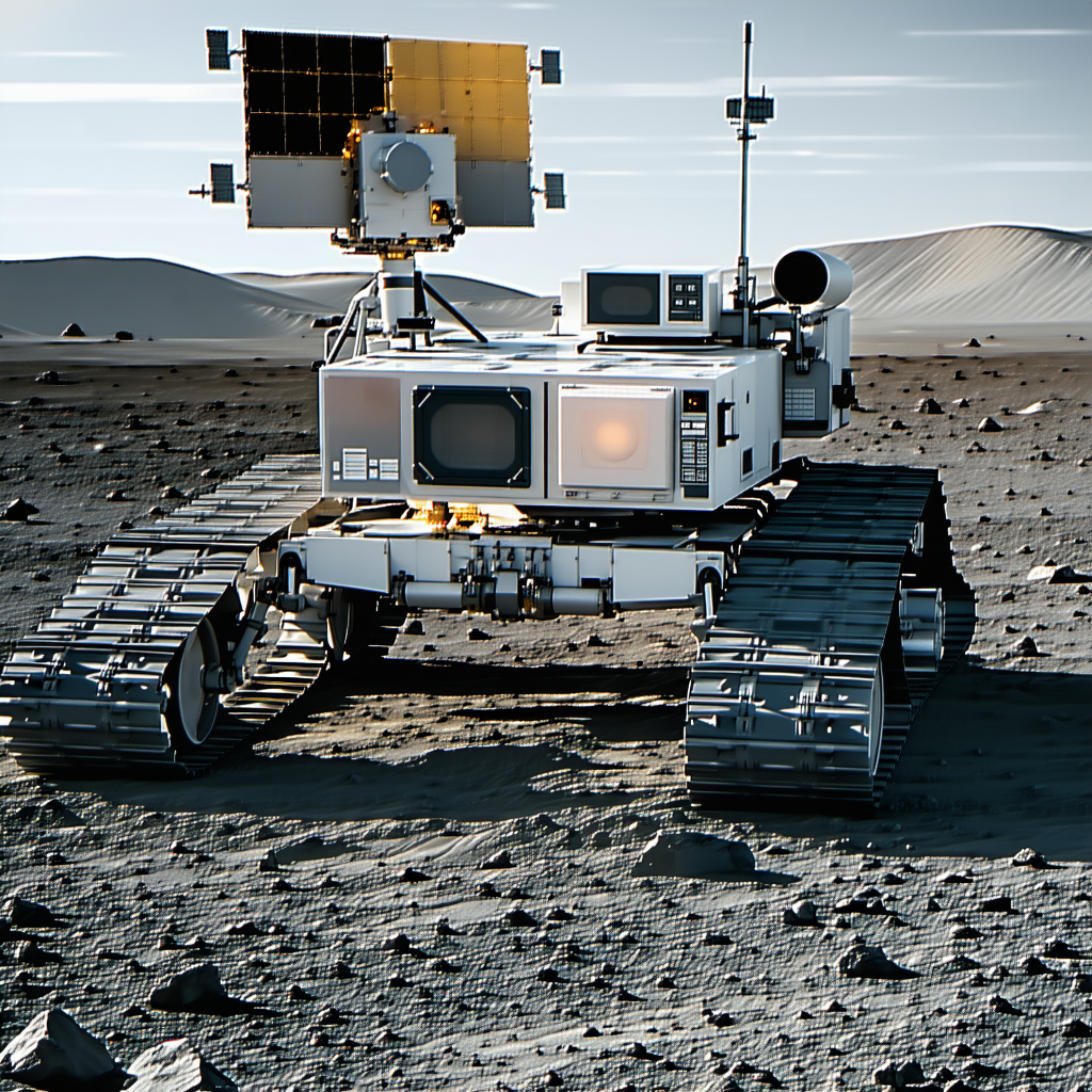 A White Robotic Vehicle Is Sitting On A Rocky Surface, Possibly On The Moon