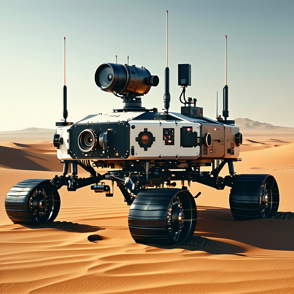 A Futuristic Robot Is Standing In A Desert, With Its Large Wheels And Multiple Antennas