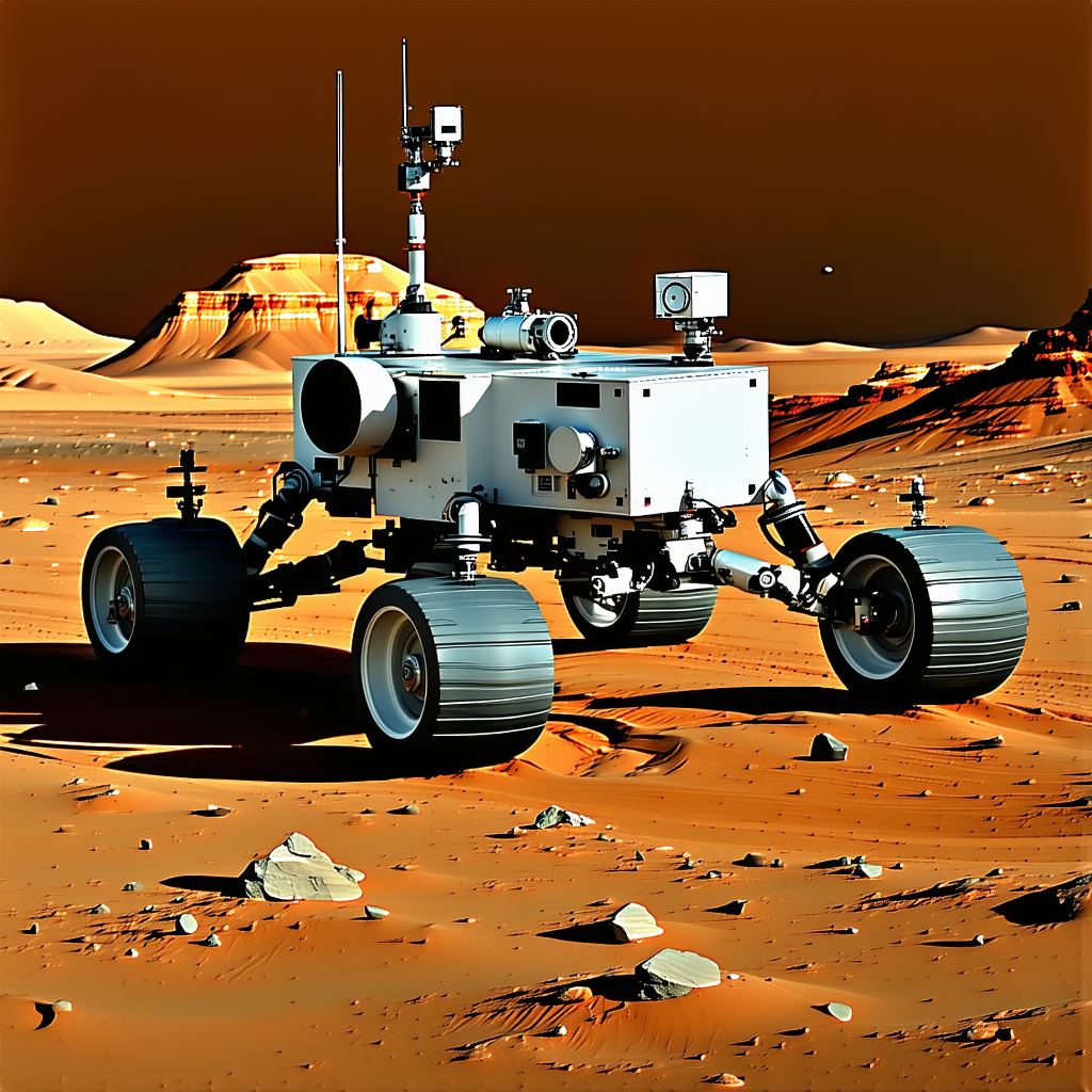 A White Robotic Vehicle, Possibly A Rover, Driving Across A Rocky Terrain