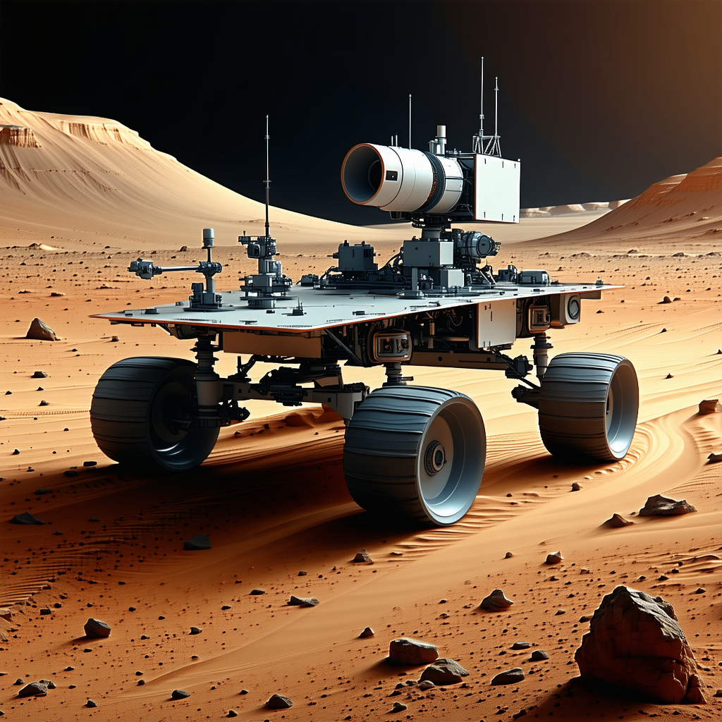 A Futuristic Vehicle, Possibly A Tank Or A Rocket, Driving Across A Rocky Terrain
