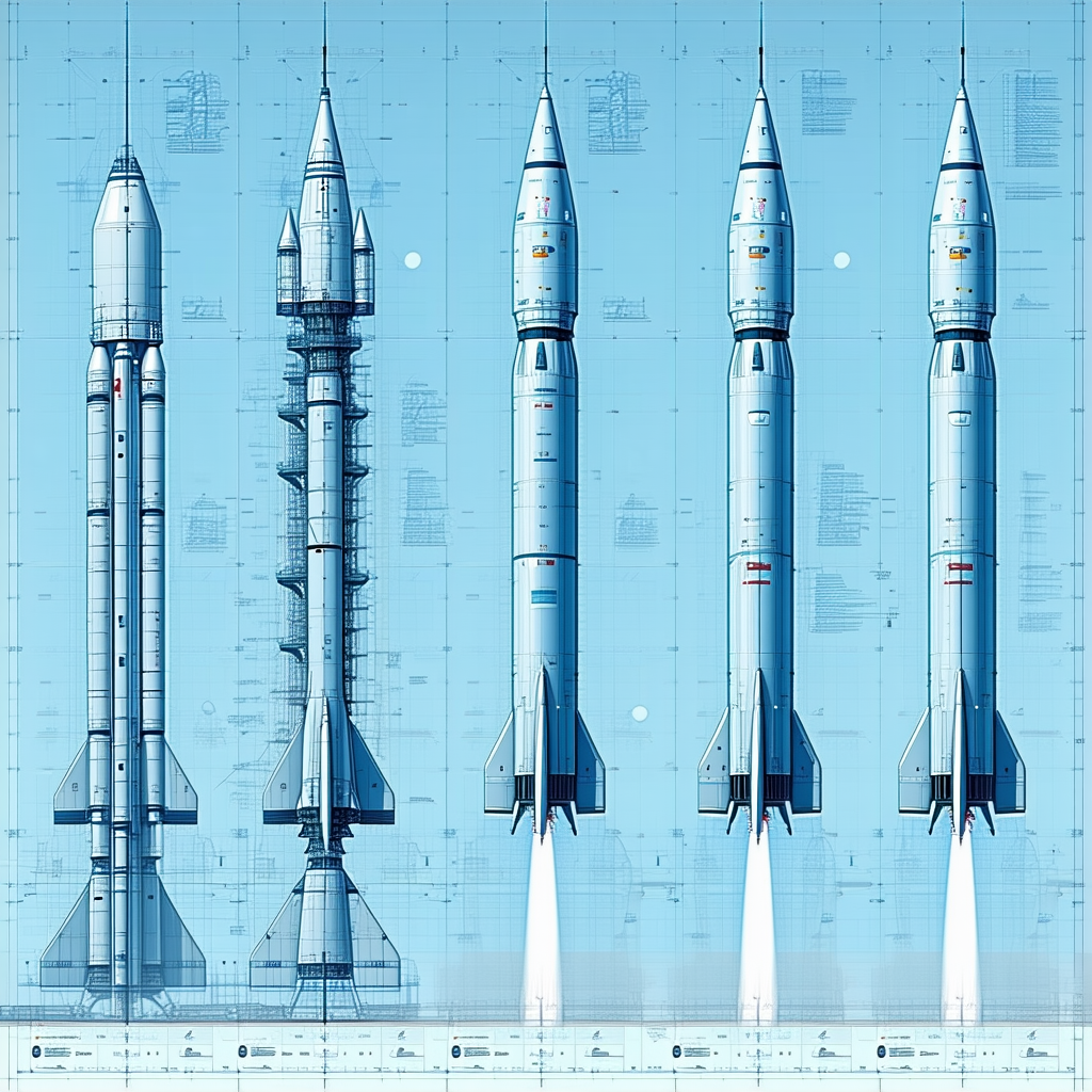 In This Image, There Are Three Space Rockets Lined Up Next To Each Other