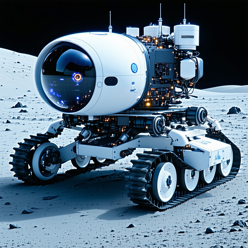 A White Robotic Vehicle Is Parked On A Rocky Surface, Possibly On The Moon