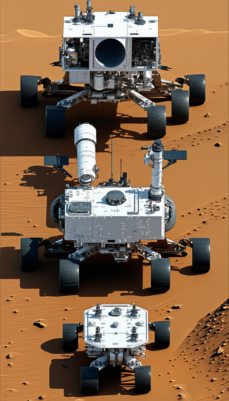 A Group Of Four White Rovers On A Dirt Surface