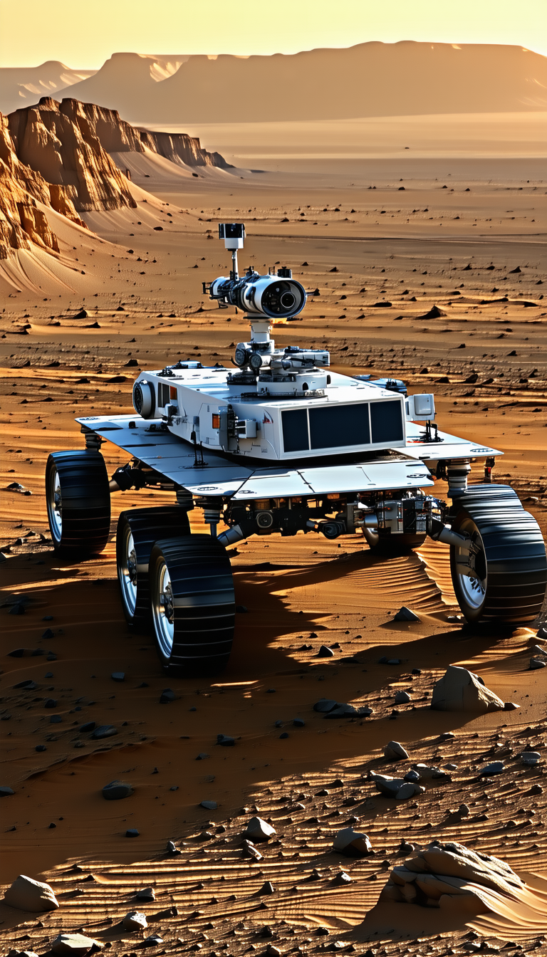 A Large Robotic Vehicle With A Camera On Its Front, Driving Across A Sandy Terrain