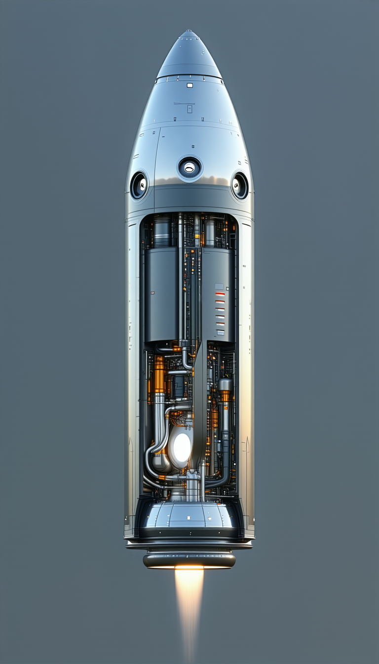 A Large Silver Rocket Ship Is Shown In A Close-up View