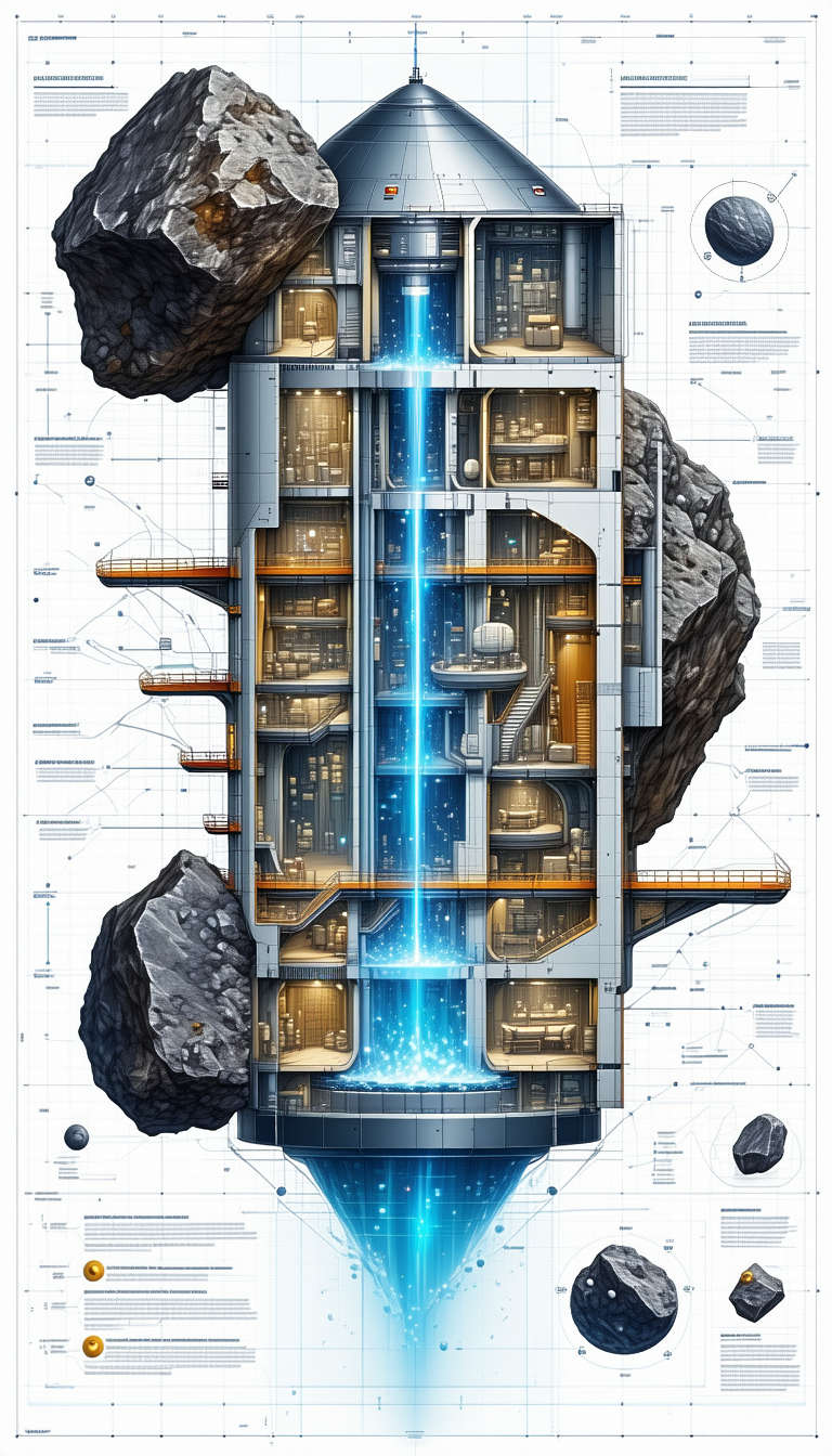 A Large, Futuristic Building Is Depicted In A Drawing, With A Blue Light Coming From The Center