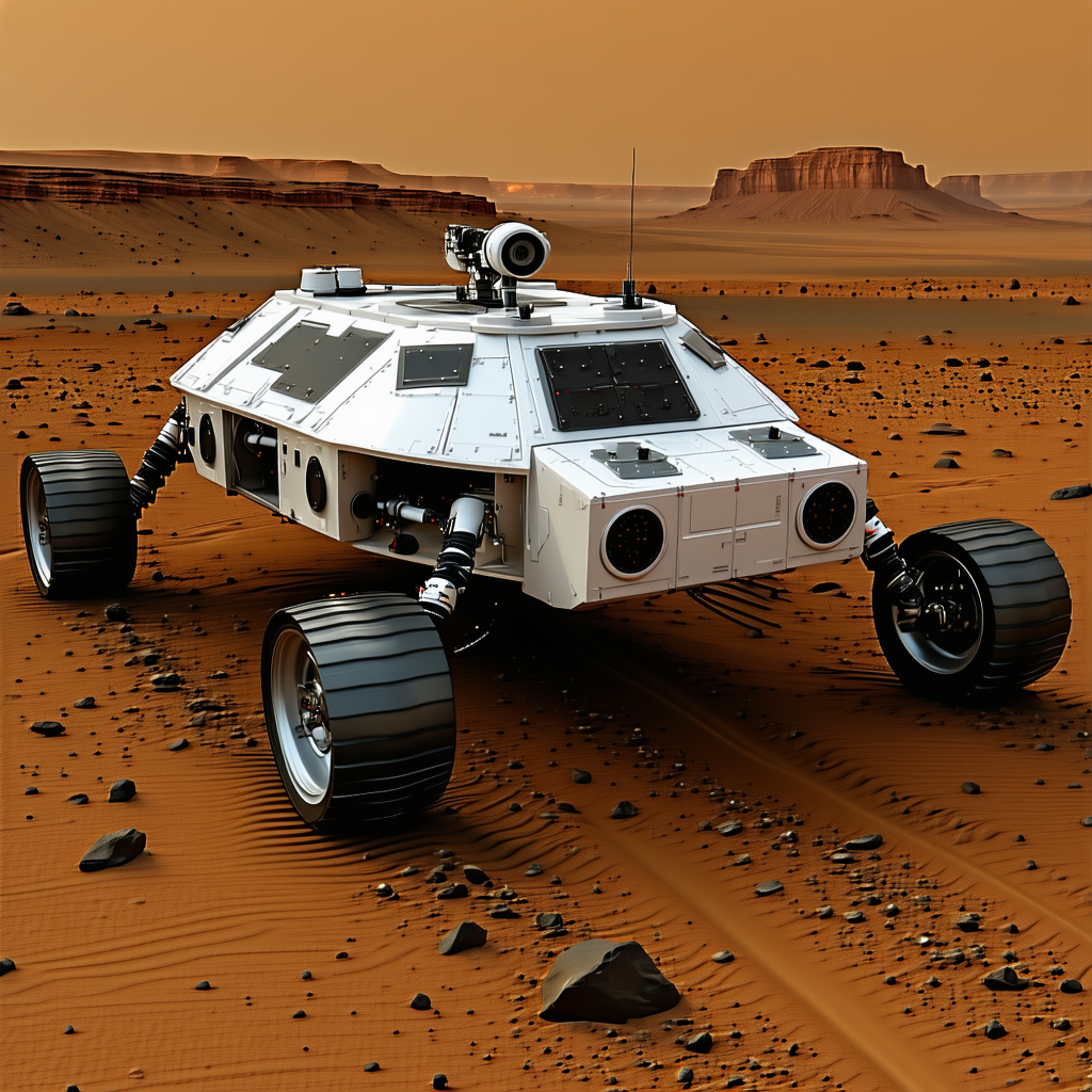 A White Robotic Vehicle, Possibly A Rover, Driving Across A Rocky Terrain