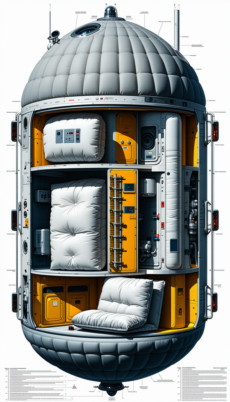 A Futuristic Space Ship Is Shown In A Drawing, With A Large White Pillow In The Middle Of The Ship