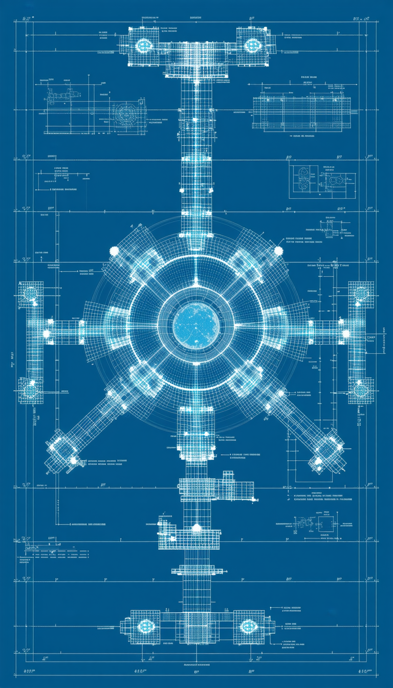 The Image Is A Blueprint Of A Building, Possibly A Space Station, With A Central Circular Structure