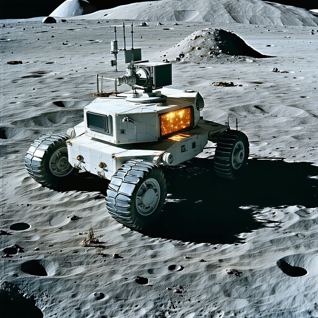 A White Robotic Vehicle Is Parked On The Moon's Surface