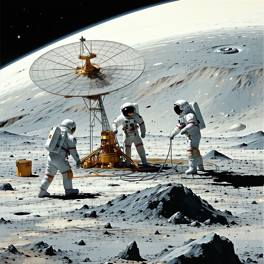 In This Image, There Are Three Astronauts On The Moon, Working On A Large Satellite Dish