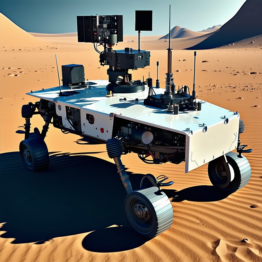 A White Robotic Vehicle With Four Wheels, Sitting In A Desert-like Environment