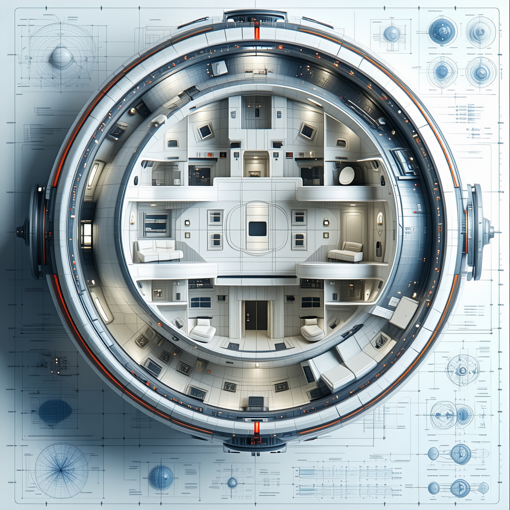 The Image Is A Computer-generated Drawing Of A Space Station, Showcasing The Interior Layout