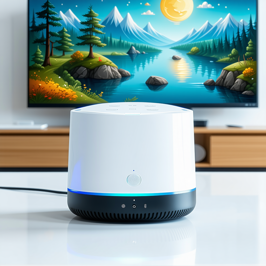 The image features a white speaker sitting on a white table in fron...