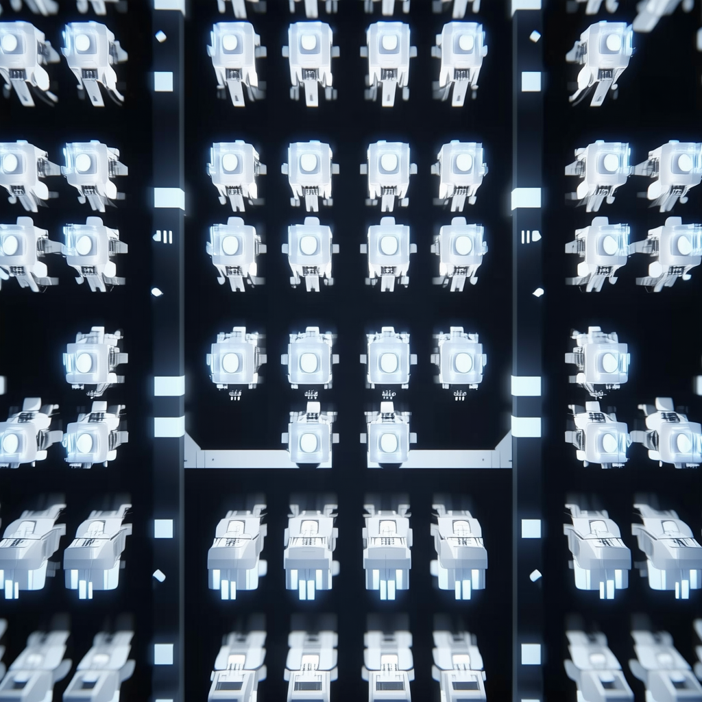 In the image, there is a large display of white objects, possibly r...