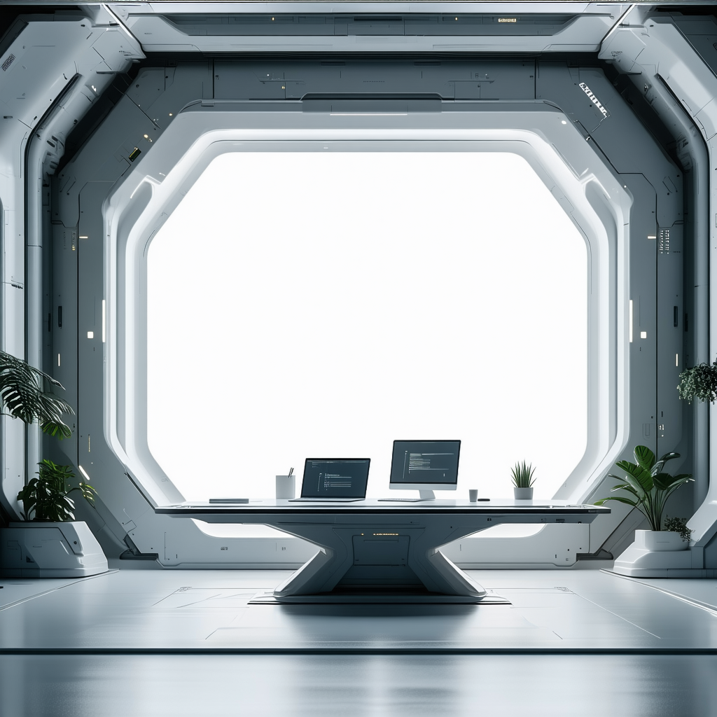 The image features a futuristic room with a large window.