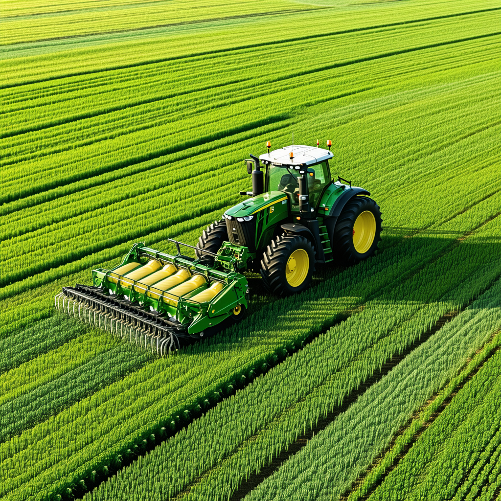The image features a large green field with a tractor driving throu...