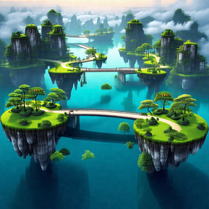 Digital painting of a fantasy island with a bridge connec...