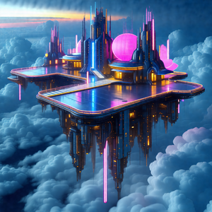 Futuristic city with a large, purple, pink, and blue buil...