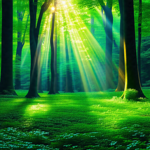 Lush green forest filled with trees and sunlight